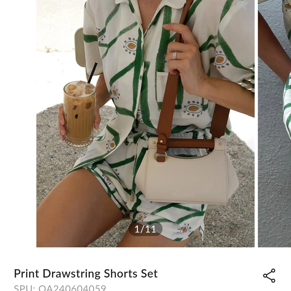 Commense Green and White Print Drawstring Shorts Set